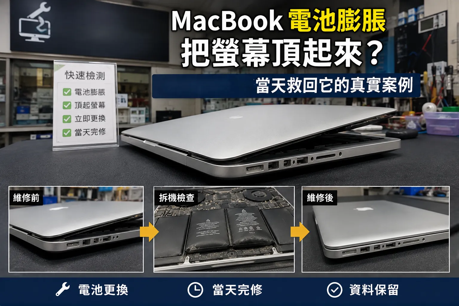 MacBook 電池膨脹把螢幕頂起來?當天救回它的真實案例 | 三重電腦維修